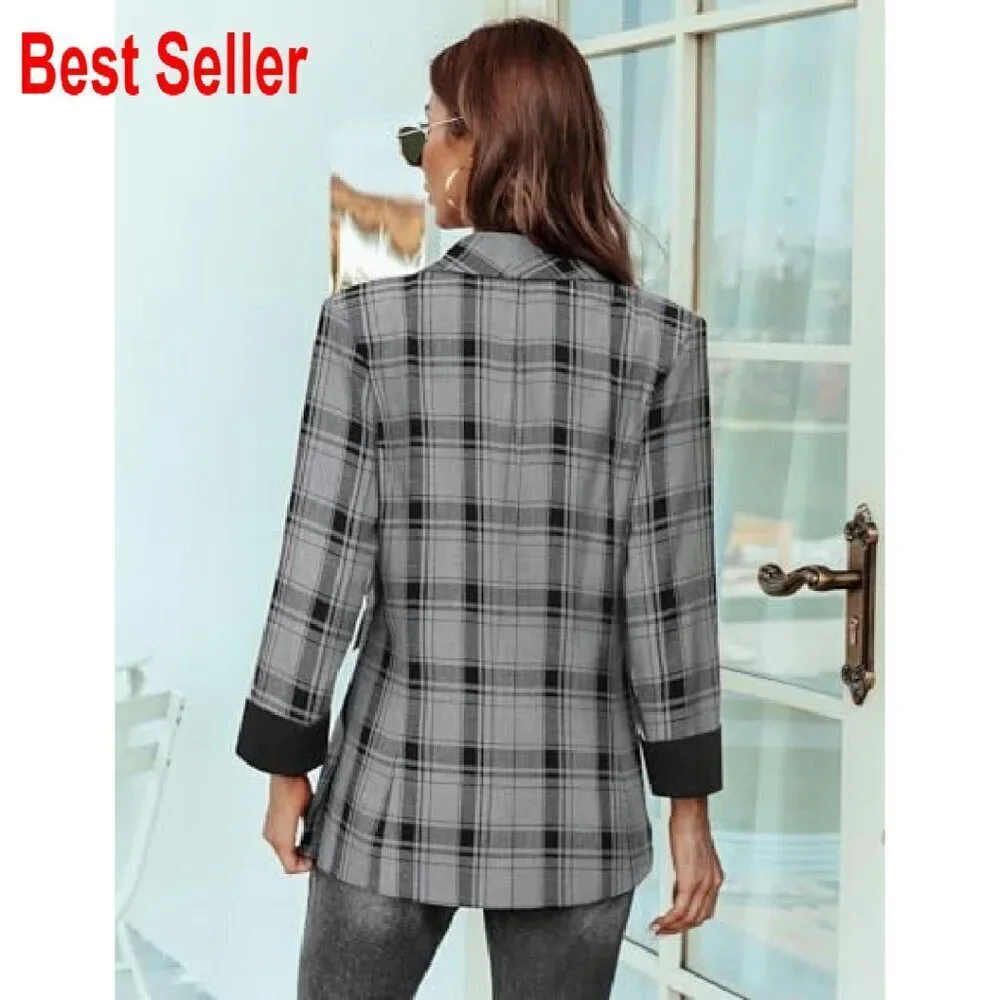 Open Front Blazer Jacket Classic Work Office Casual Long Sleeve with Pockets